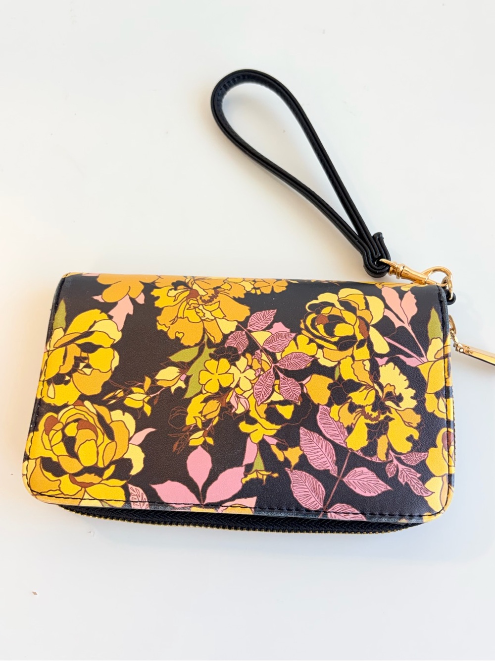 A New Day Wristlet Wallet Black Yellow Floral Recycled Plastic Detachable Strap